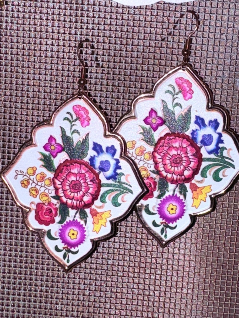 Floral Hand-Painted Statement Earrings in White and Pink